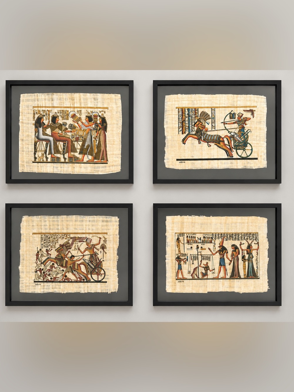 Vintage Framed Egyptian Papyrus Wall Art Set in Black - Tan & Brown set of 4